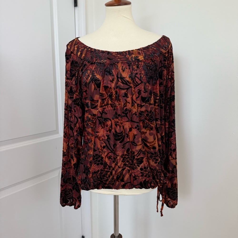 Chico's Brown Burnout Velvet Blouse Long Sleeves Drawstring Hem Size 2/Large